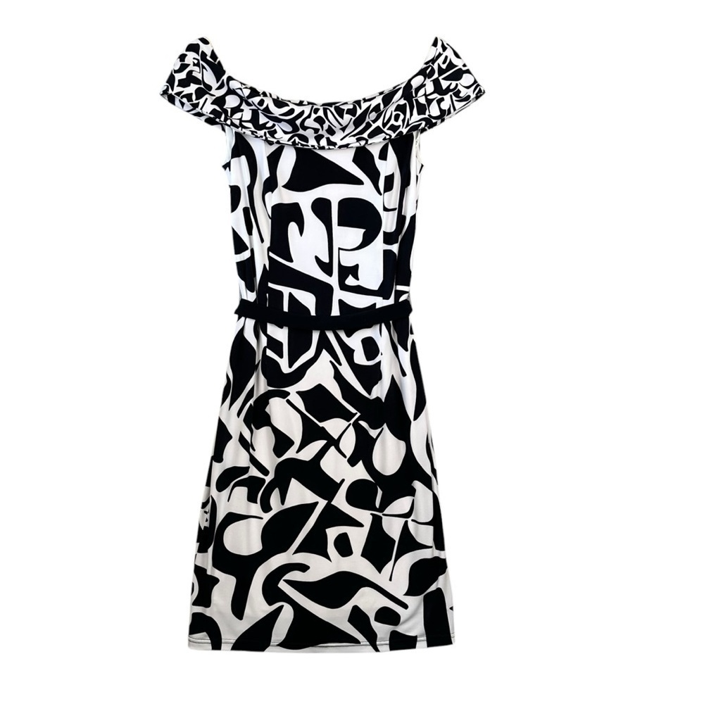 Joseph Ribkoff dress black-white Off-shoulder silhouette pattern Sz 6 - Picture 5 of 13